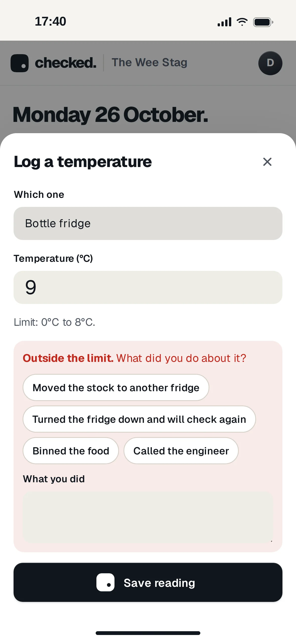 Logging a temperature on a phone: the bottle fridge at 9°C, a limit of 0°C to 8°C, and a red box asking what you did about it, with answers to tap