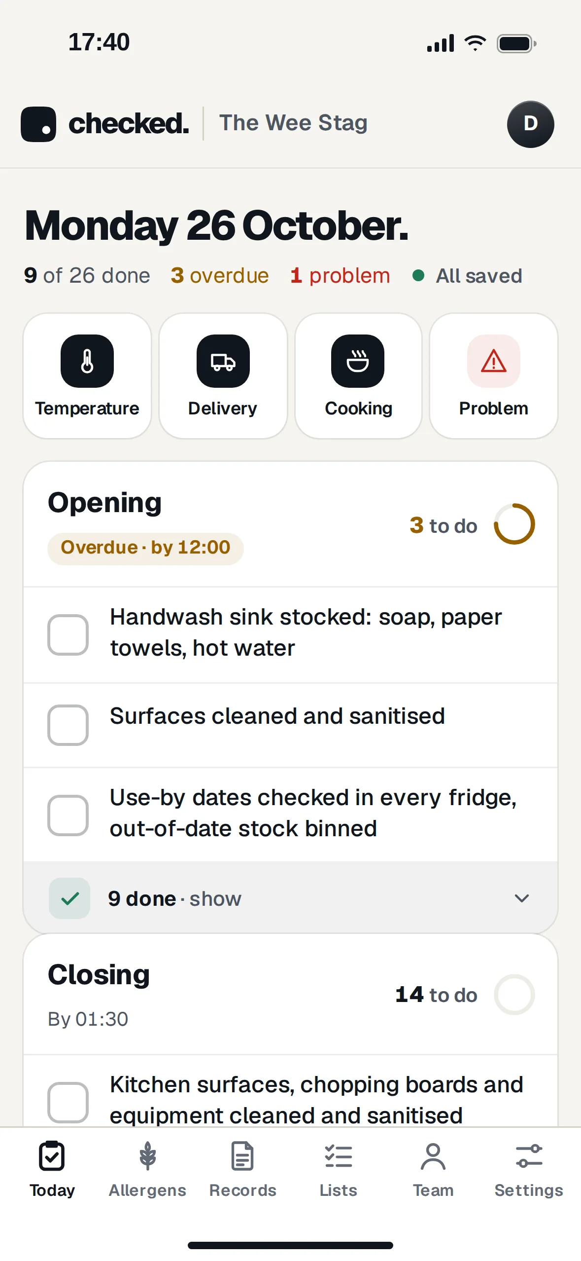 Today on a phone: the opening list overdue with three checks left